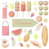 vector summer set with cute ice cream, drinks, fruits, glasses and flowers
