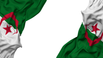 Algerien Flagge Stoff Welle Banner im das Ecke mit stoßen und einfach Textur, isoliert, 3d Rendern png