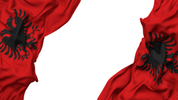 Albanien Flagge Stoff Welle Banner im das Ecke mit stoßen und einfach Textur, isoliert, 3d Rendern png