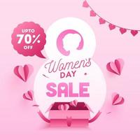 Women's Day Sale Poster Design with Origami Paper Hearts Popping Out of Pink Gift Box. vector