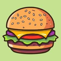 big hamburger with cheese vegetables and sesame seeds flat illustration vector