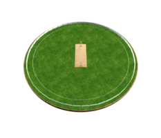 vue de dessus du stade de cricket sur le terrain de cricket ou le terrain de jeu de sport de balle, le stade d'herbe ou l'arène circulaire pour la série de cricket, la pelouse verte ou le terrain pour le batteur, le quilleur. illustration 3d de champ extérieur png