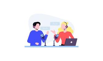 Podcast concept. Illustration about podcasting. Podcaster speaking in microphone illustration vector