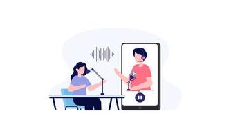 Podcast concept. Illustration about podcasting. Podcaster speaking in microphone illustration vector