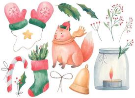 Christmas set   children's watercolor illustration with fox, gloves, mittens, Christmas sock, lollipop, candle in a jar, candlestick and twigs.eps vector