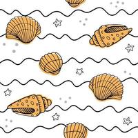 Vector seamless pattern with hand drawn scallop seashells, sea elements and stars. Beautiful marine design, perfect for prints and patterns, textile, fabric, children background