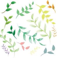 conjunto de elementos de hojas verdes y coloridas de acuarela. vector botánico de colección aislado en fondo blanco adecuado para invitaciones de boda, guardar la fecha, gracias, tarjeta de saludo, tarjeta postal