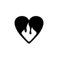 Burning heart icon. Black and white silhouette of heart-shaped and flames. Vector illustration of pictogram of heart on fire.