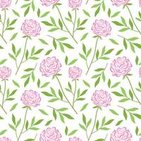 Pink peonies seamless pattern. Botanical vector illustration of blooming roses on twigs with green leaves. Floral background with plant elements.