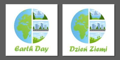 tierra día. diferente paisajes montañas, ciudad, campos. polaco y Inglés versión. vector