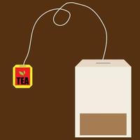 Tea bag with a yellow label and green tea leaves on the label, brown and green and yellow colors, tea bag illustration vector, hot drink, suitable for packaging and cafe and offers social media posts vector