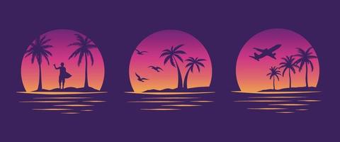 Beaches, palms and surfing. Miami California Hawaii design. 80s Old school tattoo vector art. Gradient Sunsets with sillhouettes. Vector Graphics for apparel t-shirt