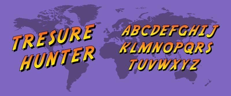 Collection of action letters. Treasure Hunter Alphabet. Adventure abc. Comic book typography for logos. Curved, italic, gradient font set. Vector graphic pack.