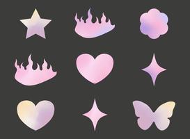 y2k trendy gradient stickers, butterfly, star, heart, 90s and 2000s style, nostalgia, glamorous, vector illustration