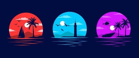 Yachts, Lighthouse, Beach and Sea Shore. Miami California Hawaii design. Old school tattoo vector art. Red Sunsets with sillhouettes. Vector Graphics for apparel t-shirt