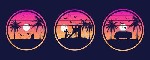 Collection of tshirt prints in vacation style. Miami LA USA Hawaii good vibes. Vector graphic templates for apparel and clothing