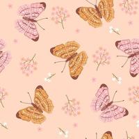 Spring pattern with yellow and pink butterflies and flowers. Vector graphics.