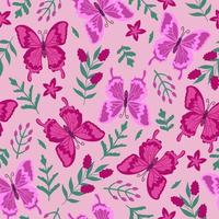 Seamless pattern with pink butterflies and flowers. Vector graphics.