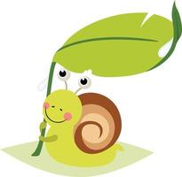 Funny snail sheltering from rain under green leaf vector