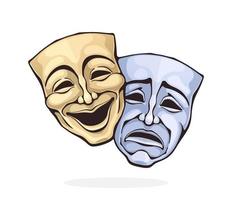Two theatrical comedy and drama mask. Sickness in psychology of bipolar disorder. Positive and negative emotion. Movie industry. Isolated white background vector