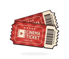 Two cinema tickets with barcode. Pair paper retro coupons for movie entry. Symbol of the film industry. Isolated on white background vector