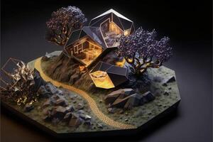 model of a house sitting on top of a hill. . photo