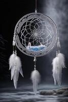 close up of a dream catcher with feathers. . photo