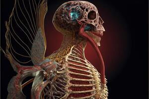close up of a human skeleton on a black background. . photo