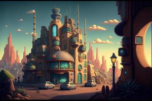 painting of a futuristic city with a clock tower. . photo