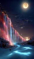 waterfall with a full moon in the background. . photo