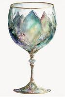 watercolor painting of a wine glass with mountains in the background. . photo