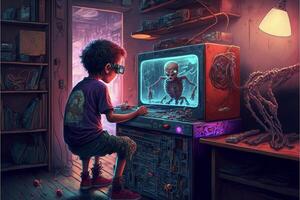 boy sitting on a stool playing a video game. . photo