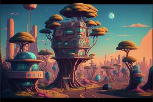 digital painting of a futuristic city surrounded by trees. . photo