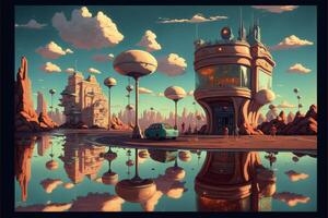 painting of a futuristic city next to a body of water. . photo
