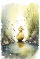 watercolor painting of a duck in a pond. . photo
