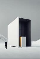 man standing in front of a building in the snow. . photo