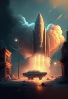 painting of a rocket launching into the sky. . photo