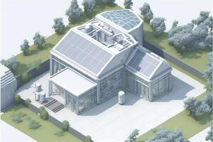 an aerial view of a house with solar panels on the roof. . photo
