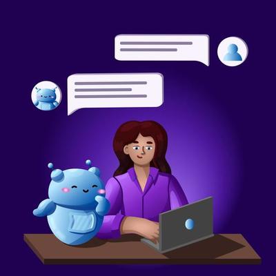 Chat robot assist woman with internet technology. Virtual artificial intelligence bot. Online communication in your laptop. Vector character communicate to people