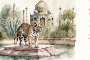 acuarela pintura de un Tigre en frente de un taj mahal. generativo ai. foto