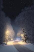 coche conducción abajo un Nevado la carretera a noche. generativo ai. foto