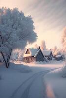 house sitting in the middle of a snow covered field. . photo