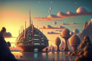 digital painting of a futuristic city by the water. . photo