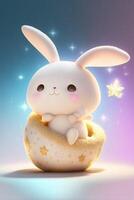 white bunny sitting on top of an egg. . photo