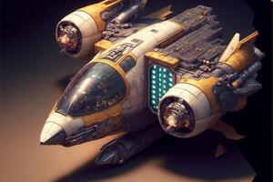 yellow and white spaceship sitting on top of a brown surface. . photo