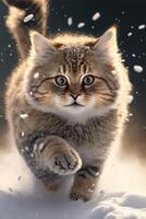 cat that is running in the snow. . photo