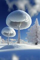group of mushrooms sitting on top of a snow covered field. . photo