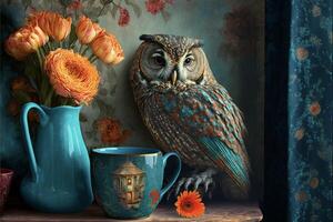 an owl sitting on a shelf next to a vase of flowers. . photo