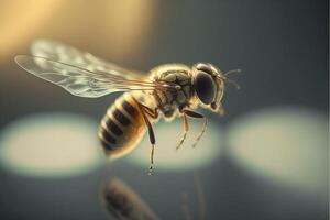 cerca arriba de un abeja volador mediante el aire. generativo ai. foto