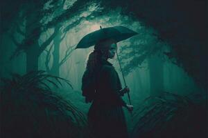 woman holding an umbrella in a dark forest. . photo